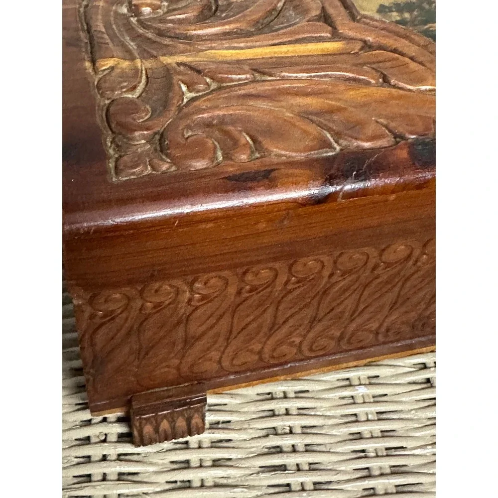 Vintage Hand Carved Cedar Wood Jewelry Box etched Mirror Windmill Footed 50s